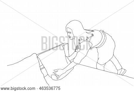 Cleaning Lady Line Flat Icon. Illustration Woman With A Mop And A Basin. Maid