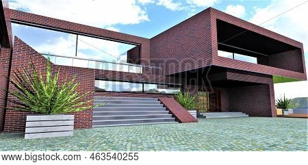 Red-blue Finishing Brick As A Facade Cladding For A Stylish Country House. Warming Is Carried Out Wi