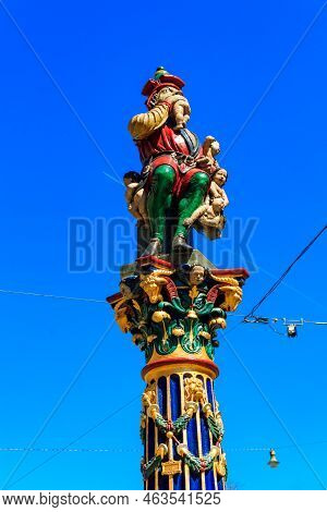 Child Eater Fountain (kindlifresserbrunnen) Is A Painted Stone Fountain In Old City Of Bern, Switzer