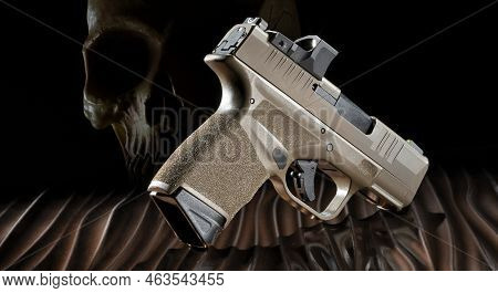 3d Rendering Of A Pistol With Skull Behind For A Ghost Gun On A Copper Surface