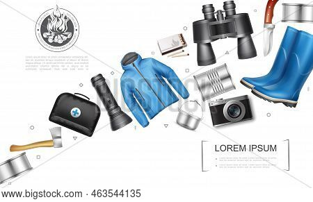 Realistic Camping Elements Concept With Canned Food Axe Medical Bag Flashlight Cooking Pot Camera Ja