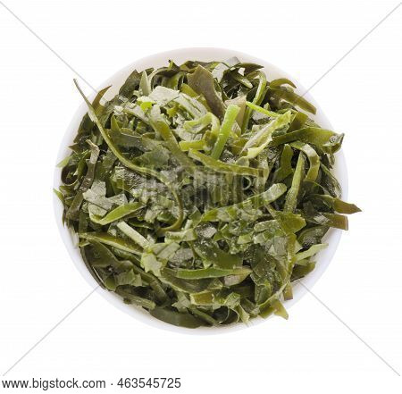 Fresh Laminaria (kelp) Seaweed In Bowl Isolated On White, Top View