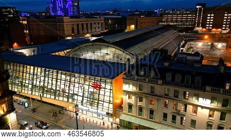 Glasgow Queens Street Station In The City Center - Aerial View By Night - Glasgow, United Kingdom - 