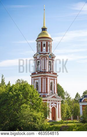 Ancient Bell Tower Of The Resurrection Cathedral Close-up On A Sunny June Day. Staraya Russa. Novgor