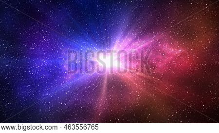 Burst Of Light In Space. Night Starry Sky And Bright Blue Red Galaxy, Horizontal Background. 3d Illu