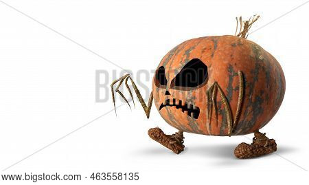 A Dark Orange Pumpkin Walks Eerily With A Grimace On An Isolated White Background. 3d Illustration