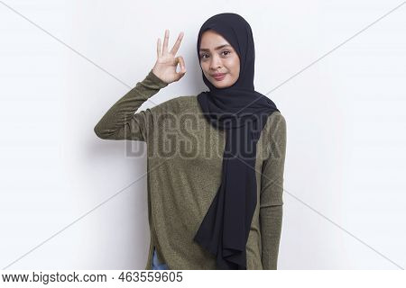 Asian Young Muslim Woman Happy And Excited Tumb Up Ok Expressing Big Success On White Background