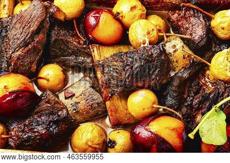 Meat On Ribs With Fruits,close Up,macro