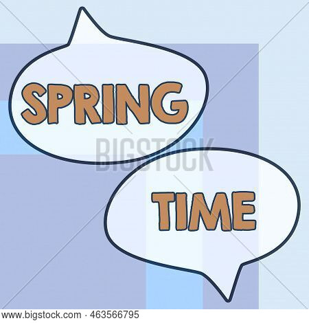Hand Writing Sign Spring Time. Word Written On Temperate Season Of The Year Identified By A Revival 