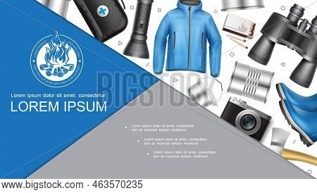 Realistic Camping Colorful Composition With Jacket Rubber Boots Camera Cooking Pan Axe Matches Binoc