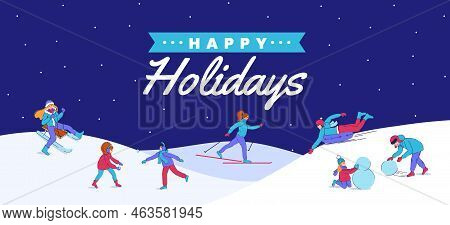 Let It Snow. Winter Vacation. Kids Make Snowman And Play Snowballs. Season Collection. Children Acti