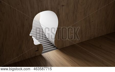 Mental Health And Mindfulness Concept. Steps Leading Through A Head To A Bright Sky. 3d Rendering