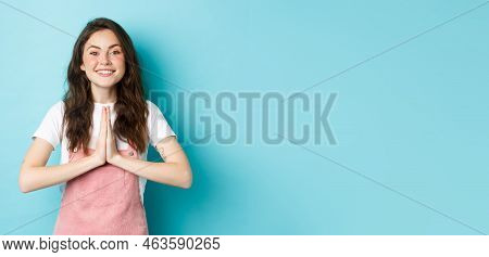 Thank You. Smiling Cute Girl Showing Namaste, Gratitude Gesture, Asking For Help Or Favour, Smiling 