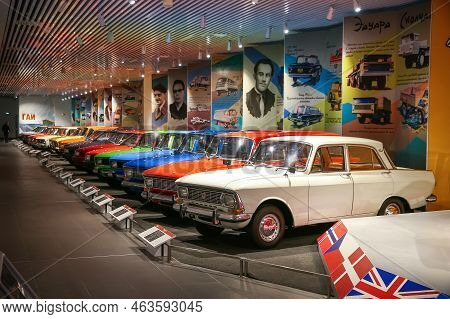 Verkhnyaya Pyshma, Russia - September 14, 2021: Line Of Shining Soviet Classic Car Moskvitch In The 