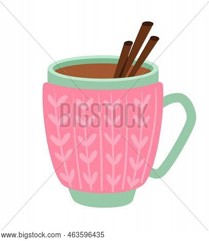 Coffee Or Tea In Cup. Hot Drink With Two Chocolate Sticks. Dessert And Delicacy, Sweets. Green Mug W