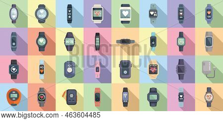 Wearable Tracker Icons Set Flat Vector. Fitness Bracelet. Wristband Digital