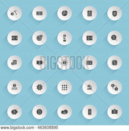 Bitcoin Vector Icons On Round Puffy Paper Circles With Transparent Shadows On Blue Background. Bitco