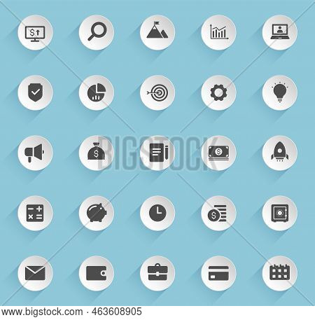 Business Vector Icons On Round Puffy Paper Circles With Transparent Shadows On Blue Background. Busi