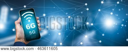 Global Network Connection 6g Concept, Hand Hold Smartphone With Connection 6g With Icon Concept, Tec