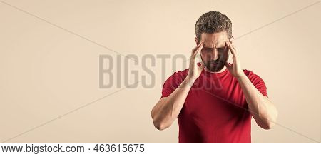 Man Face Portrait, Banner With Copy Space. Mature Man Suffer From Headache And Feel Unhappy, Copy Sp