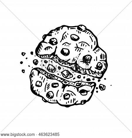 Chocolate Chips Cookie.
Hand Drawn Sketch Two Halves Of Cookie With Crumbs.