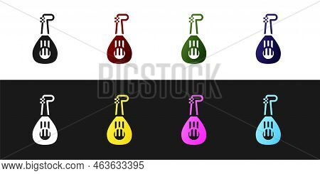 Set Musical Instrument Lute Icon Isolated On Black And White Background. Arabic, Oriental, Greek Mus