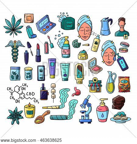 Vector Hand Drawn Cbd Infused Products Doodles. Cannabis Flower, Skincare, Makeup And Edibles Elemen