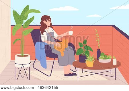Woman On Terrace. Alone Girl Relax On Home Terrace Or Balcone With House Garden Plant And Cat, Hygge