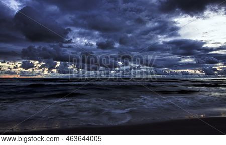 Dramatic Sunset Over Baltic Sea With Oil Platform In Background - Lubiatowo, Pomerania, Poland