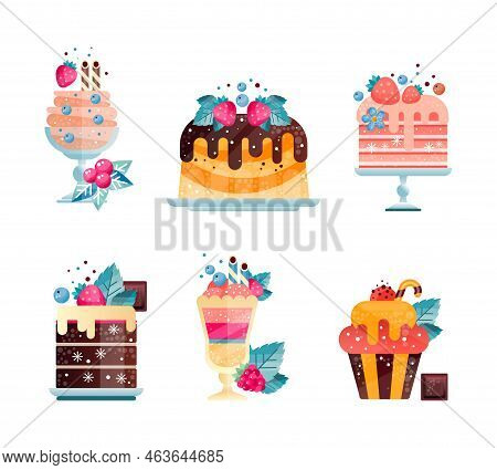 Sweet Dessert Like Cake, Cupcake And Ice Cream With Berry Topping Flat Vector Set