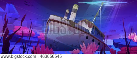 Wreck Ship, Sunken Steamboat With Pipes Lying On Ocean Bottom With Colorful Corals And Rocks. Broken