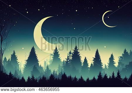Deep Fairy Forest Silhouette At Night With Moonlight And