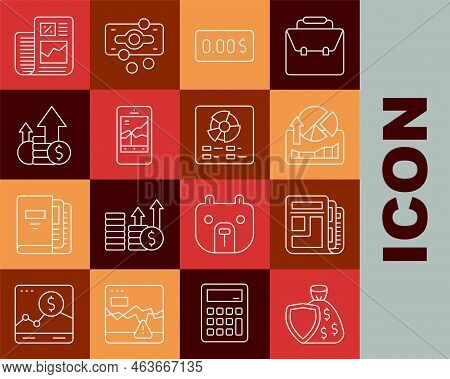 Set Line Shield And Money Bag, Stock Market News, Stocks Growth Graphs, Zero Cost, Mobile Stock Trad