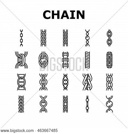 Chain Metal Connection Link Icons Set Vector. Steel Object, Element Iron, Strong Abstract Strength, 