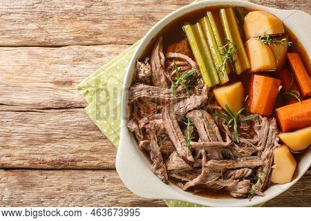 Beef Meat And Vegetables Stew Homemade Slow Cooker Pot Roast With Carrots, Celery And Potatoes Close