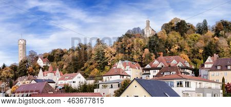 Ravensburg City Of Towers In Autumn Evening. Towers Mehlsack On The Left, On The Right Is A Small Ve