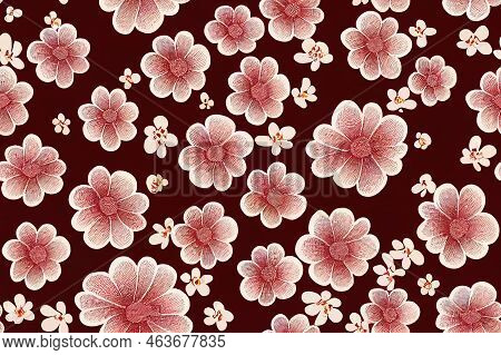 Hand Drawn Abstract Ditsy Flowers Seamless Pattern On Red.
