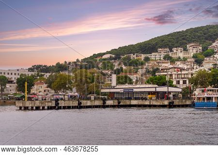Istanbul, Turkey - August 25, 2022: Marmara Sea, Kinaliada Island Ferry Terminal With Summer Houses,