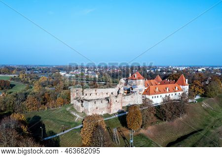 Bauska Medieval Castle Complex From Above,bauska, Latvia