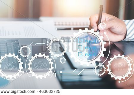 Businessman Summarizes Plans Online With A Team, Efficient Planning, Stepwise Strategy Management, W