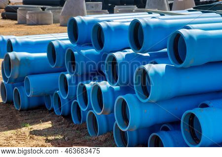 New Pvs Blue Plastic Pipes For Drainage Septic System On Home Construction Site