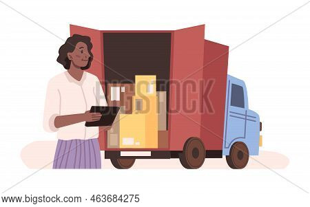 Female Character Manager Of Logistics Company Controlling Transporting Process. Woman Standing By Tr