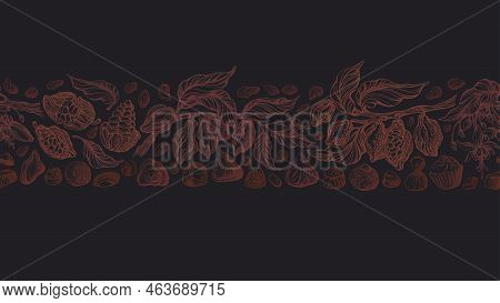 Chocolate Truffles With Cocoa Branch. Vector Stripe, Seamless Pattern. Choco Powder, Sweet Praline, 