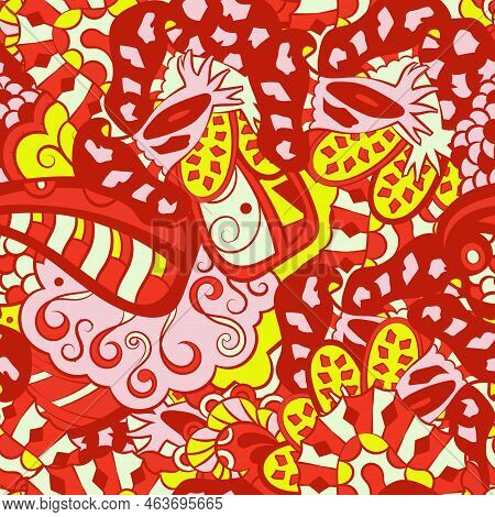 Tracery Seamless Pattern. Mehndi Design. 6 Colors. Ethnic Doodle Texture. Curved Doodling Background