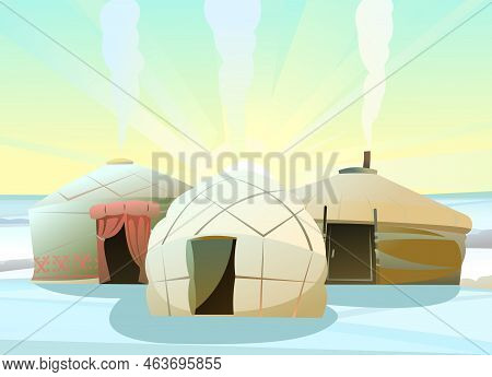 Yurt In Tundra. Winter Tundra. Dwelling Of Northern Nomadic Peoples In Arctic. From Felt And Skins. 