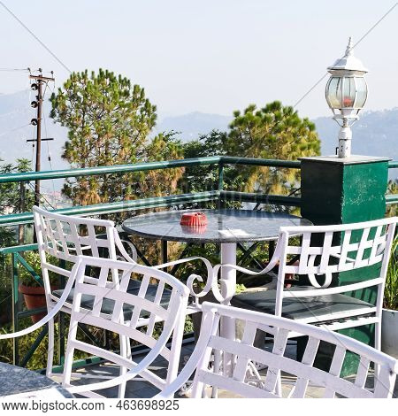 Early Morning View Of Modern Rooftop Restaurant At Kasauli, Himachal Pradesh In India, View Of Mount