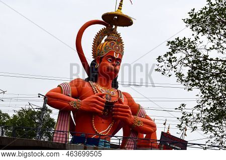 Big Statue Of Lord Hanuman Near The Delhi Metro Bridge Situated Near Karol Bagh, Delhi, India, Lord