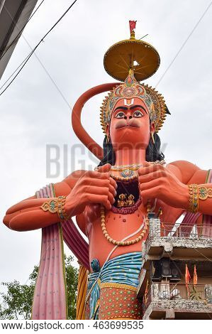 Big Statue Of Lord Hanuman Near The Delhi Metro Bridge Situated Near Karol Bagh, Delhi, India, Lord