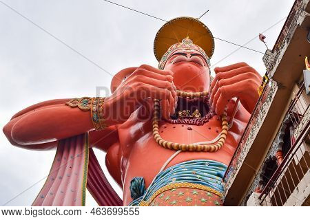 Big Statue Of Lord Hanuman Near The Delhi Metro Bridge Situated Near Karol Bagh, Delhi, India, Lord