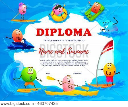 Kids Diploma Cartoon Micronutrient And Mineral Characters On Summer Vacation. Vector Certificate Wit